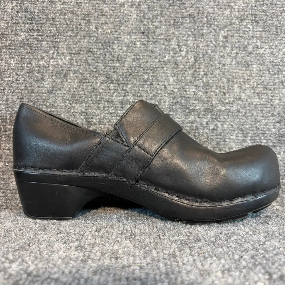 Bjorndal Black Leather Buckle Strap Clogs Wedge Comfort Mules Shoes Size 8.5
